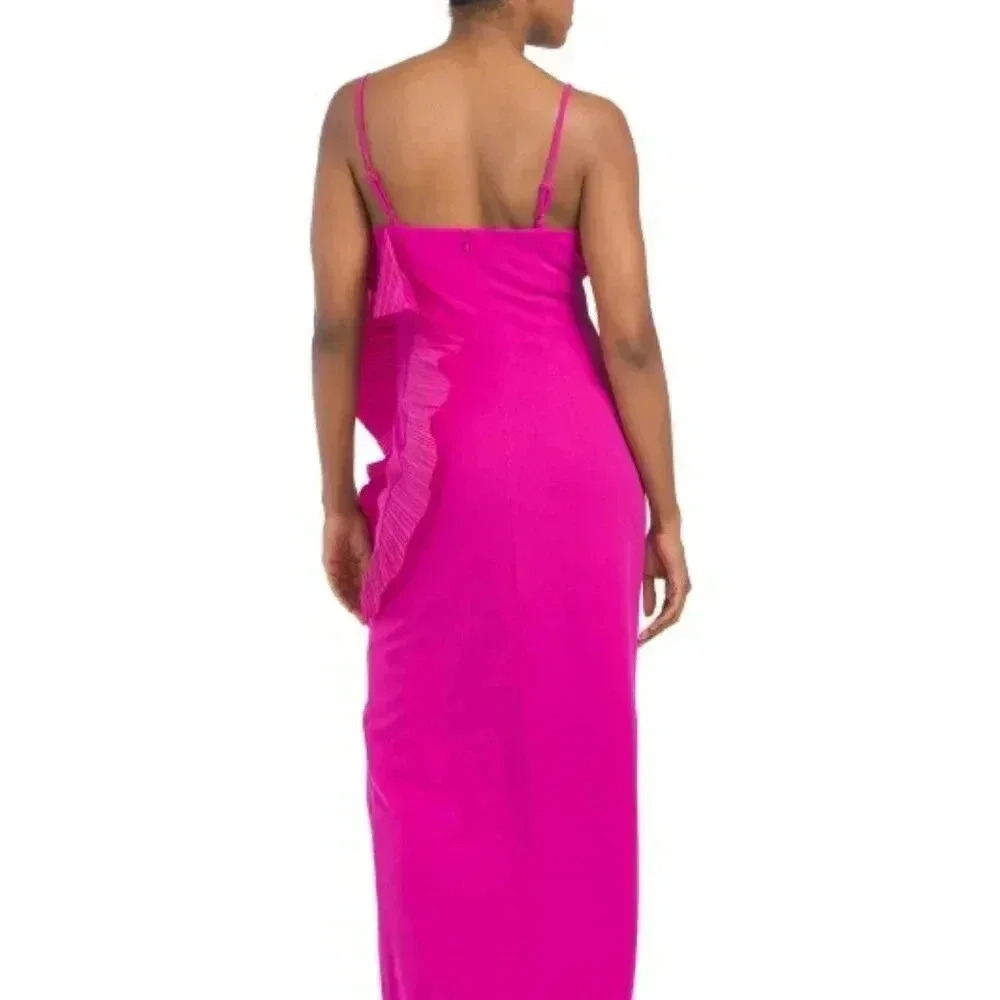 Ruffle Stretch Crepe MAXI Dress with Slit (Color: Bright Pink) - Picture 2 of 3
